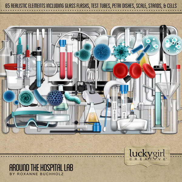 The Around the Hospital Lab Digital Scrapbook Kit by Lucky Girl Creative explores healthcare life around the hospital laboratory, emergency room, and doctor’s office.