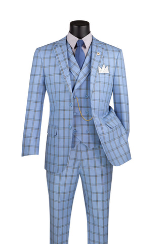Blue Modern Fit Windowpane Peak Lapel 3 Piece Suit
