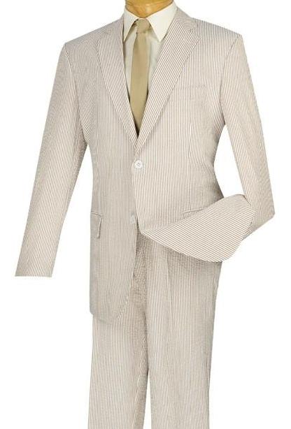 TAN COLOR MENS CLOTHING SPRING SUITS CLASSIC FIT STRIPED SEERSUCKER
