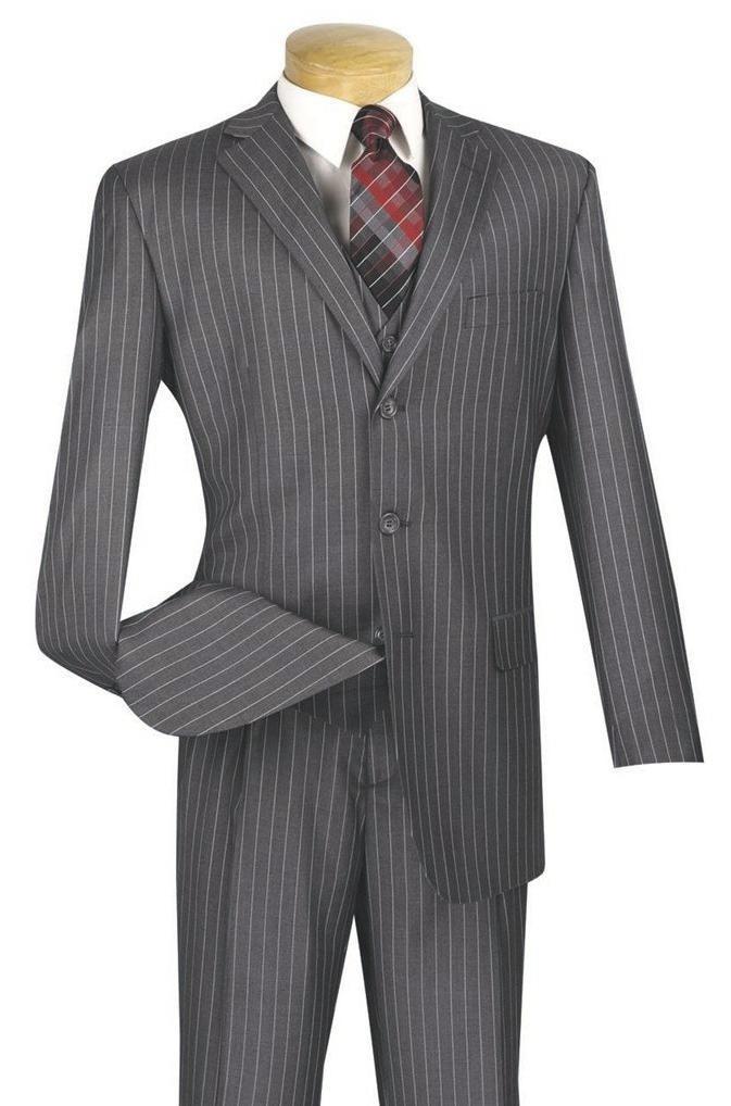 Portofino Collection - Regular Fit 3 Piece 3 Button Banker Stripe in Medium Gray