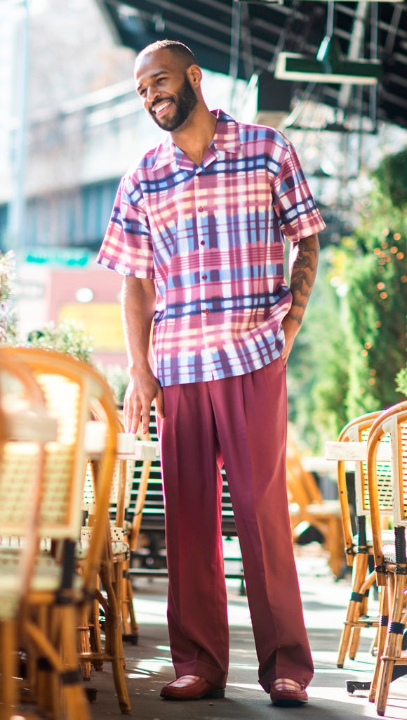 Men's 2 Piece Walking Suit Contrast Striped Pattern in Burgundy