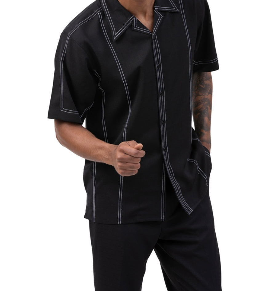 Black Stripe 2 Piece Short Sleeve Men's Summer Walking Suit