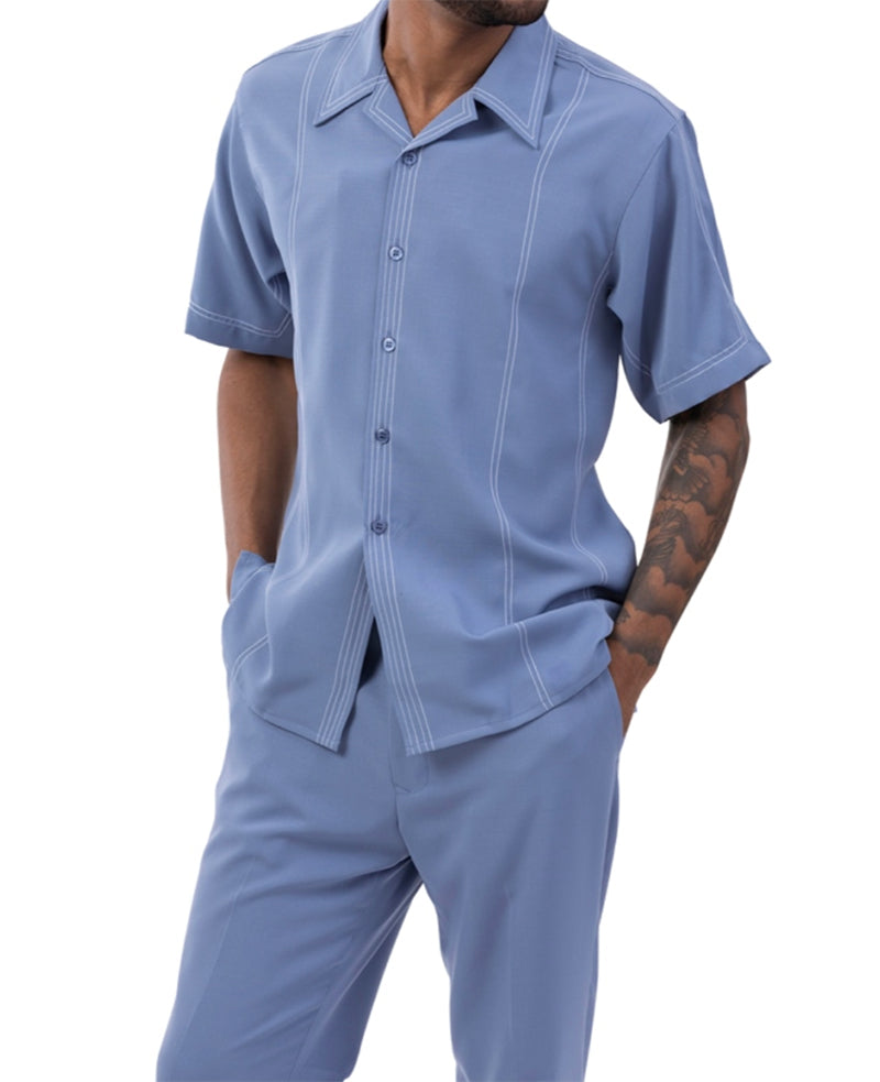 Powder Blue Stripe 2 Piece Short Sleeve Men's Summer Walking Suit