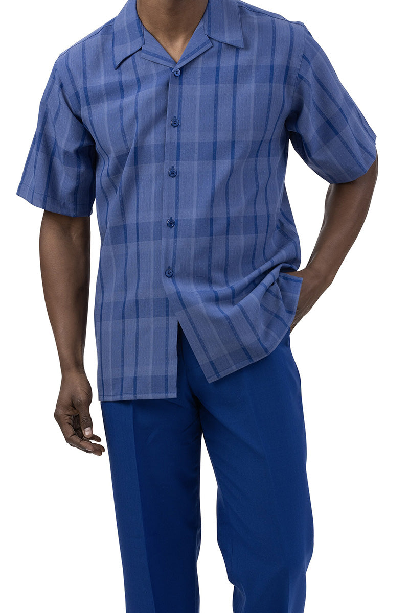 Royal Blue Check Pattern 2 Piece Short Sleeve Men's Summer Walking Suit