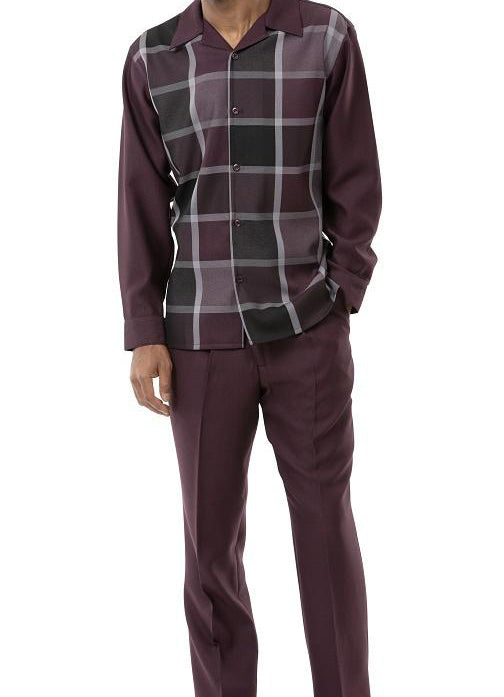 Burgundy Checkered Pattern 2 Piece Long Sleeve Walking Suit