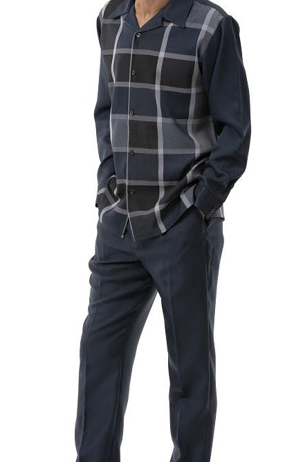 Navy Checkered Pattern 2 Piece Long Sleeve Walking Suit