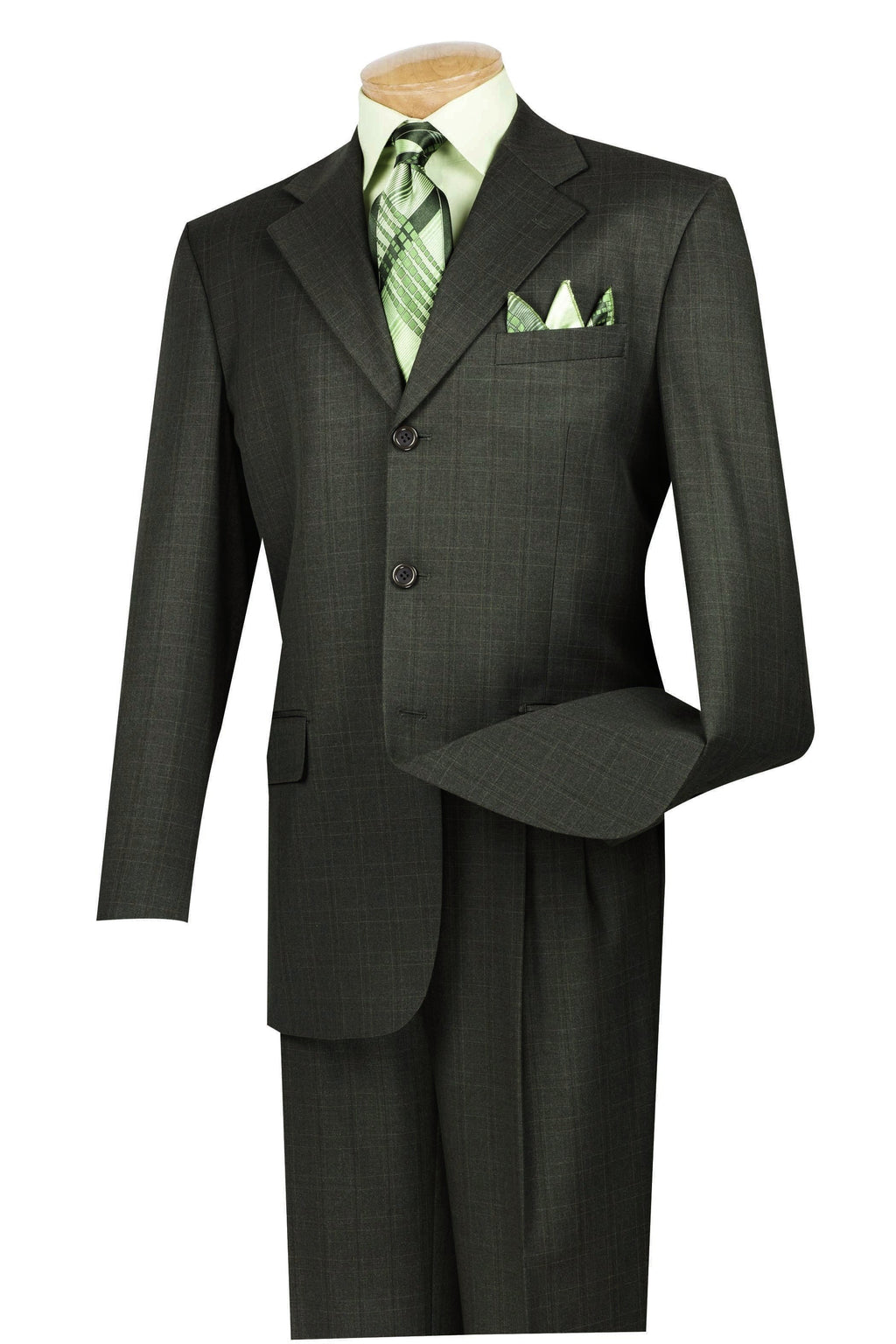 Men's Regular Fit Windowpane Suit 2 Piece 3 Button in Dark Olive Mens