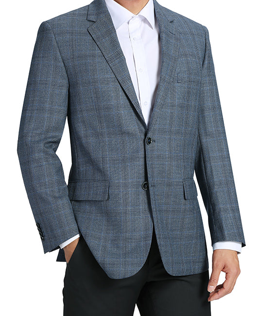 100% Wool Glen Plaid Pattern Regular Fit 2 Button Blazer in Blue