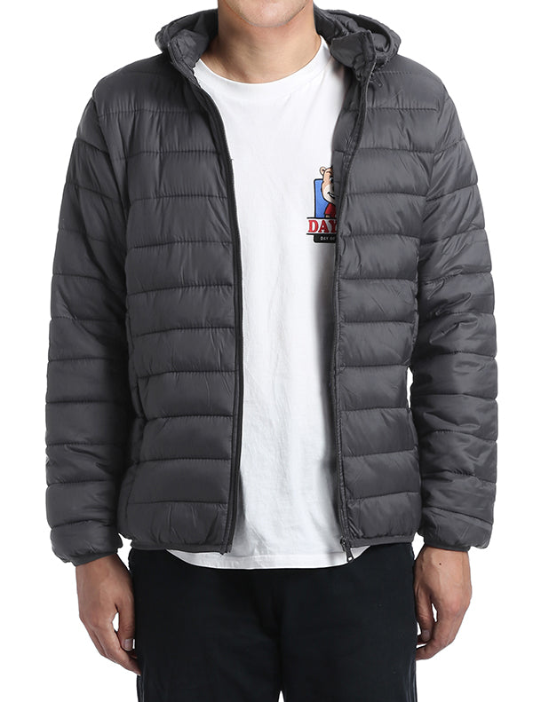 Men's Quilted Puffer Jacket with Detachable Hood in Gray | Men's Fashion