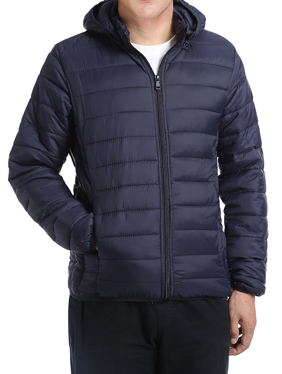 Men's Quilted Puffer Jacket with Detachable Hood in Navy | Men's Fashion
