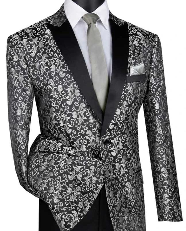Silver Regular Fit Floral Pattern Jacket Peak Lapel | Men's Fashion