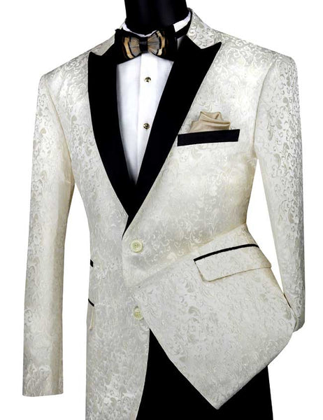 Ivory Regular Fit Floral Pattern Jacket Peak Lapel | Men's Fashion