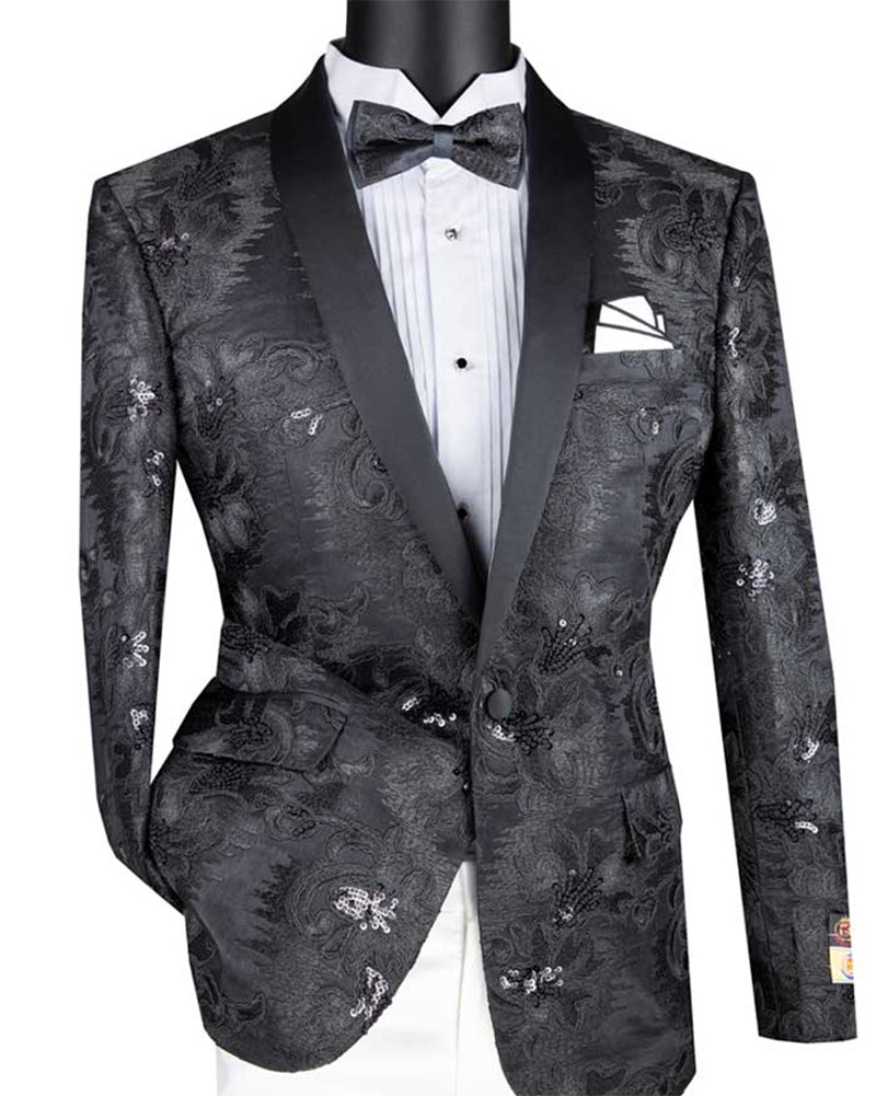 (2XL, 3XL, 5XL) Black Embroidery Slim Fit Jacket Shawl Lapel with Bow Tie