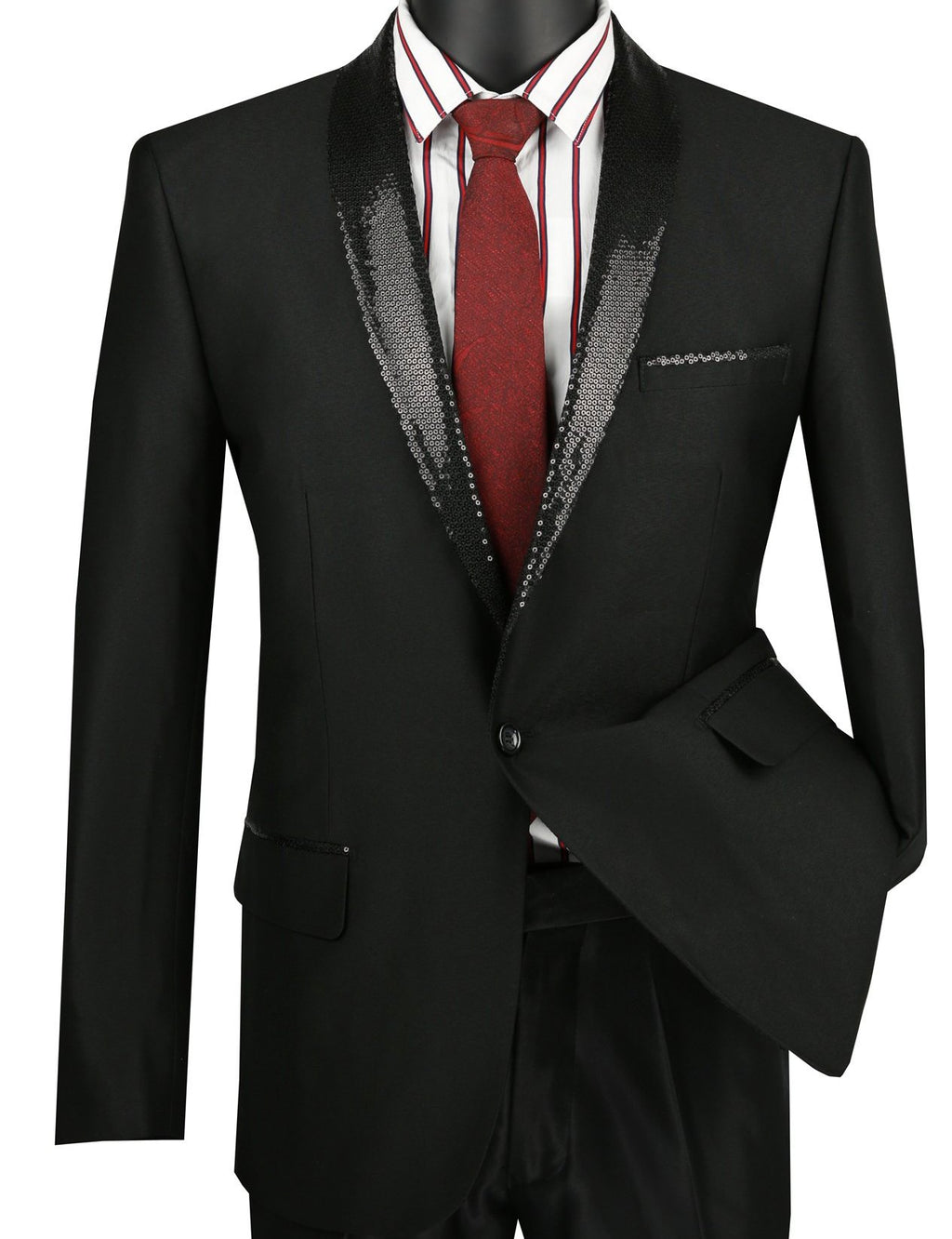 Slim Fit Black Shiny Sharkskin Party Jacket With Sequins Lapel | Men's ...