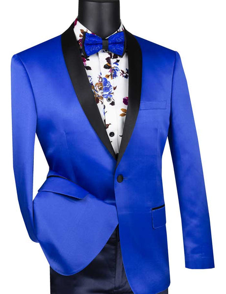 Royal Blue Slim Fit Blazer Stretch Sateen 1 Button With Narrow Shawl ...