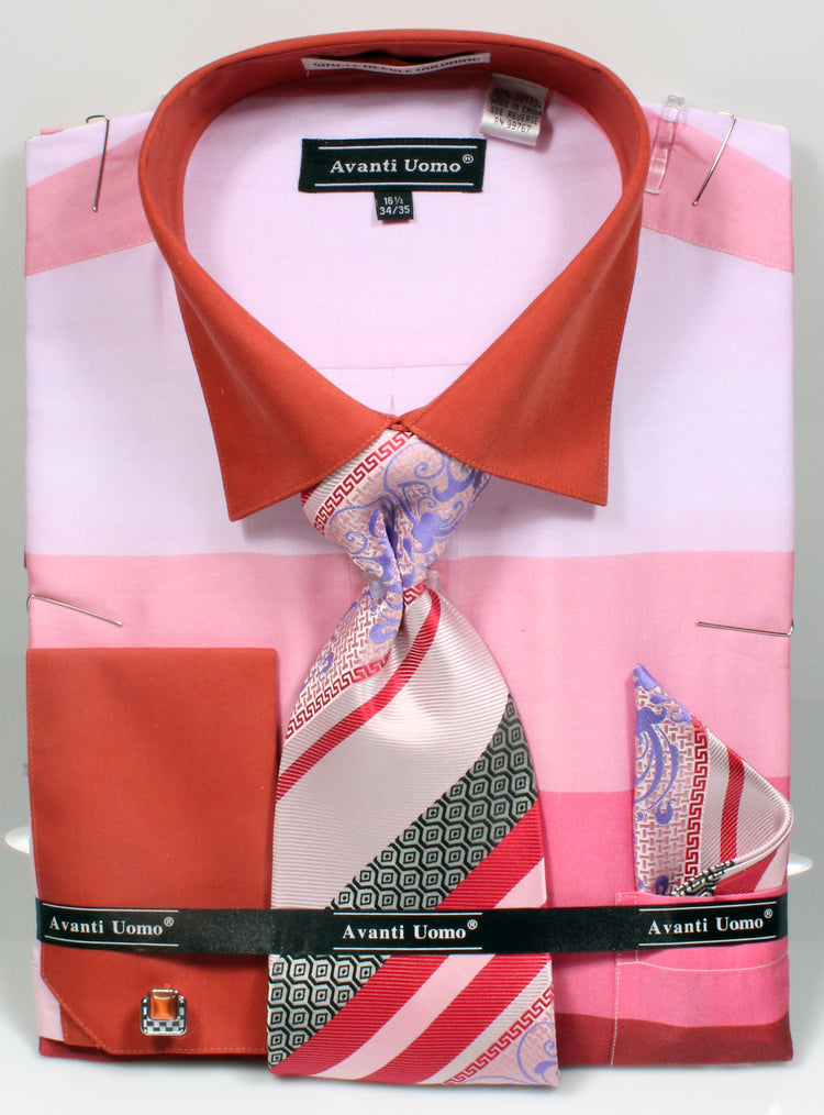 French Cuff Shirt in Pink with Tie, Cuff Links, and Handkerchief