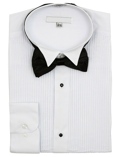 White Regular Fit Wingtip Collar Pin Pleated Tuxedo Shirt with Bow Tie ...