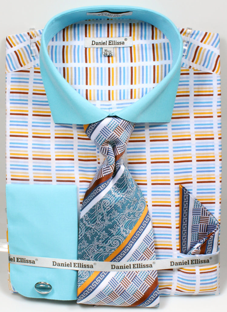 French Cuff Cotton Shirt Set in Turquoise with Tie, Cuff Links and Handkerchief