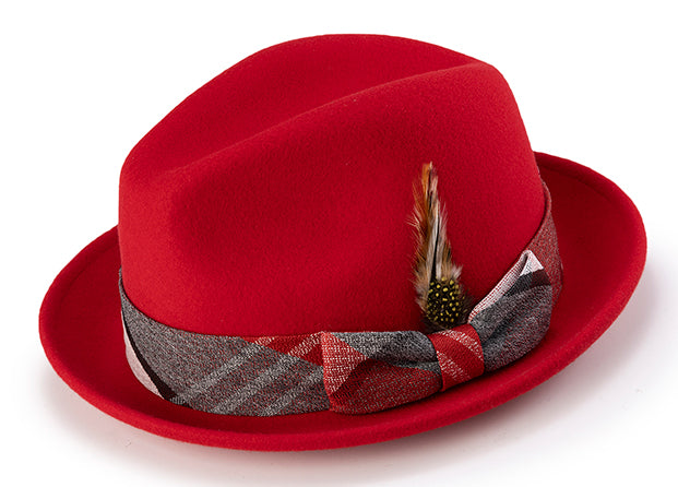 Wool Felt Pinch Front Red Fedora with Feather Accent | Men's Fashion