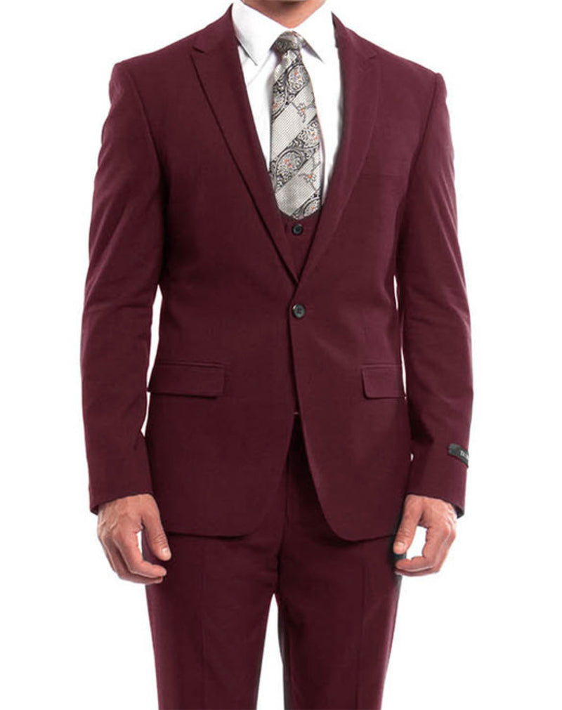 Burgundy Solid Color 3 Piece Slim Fit Suit 1 Button Peak Lapel | Men's ...