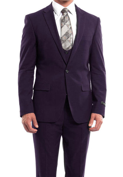 Purple Solid Color 3 Piece Slim Fit Suit 1 Button Peak Lapel | Men's