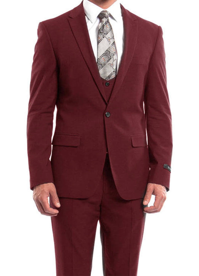 Cherry Red Solid Color 3 Piece Slim Fit Suit 1 Button Peak Lapel | Men ...