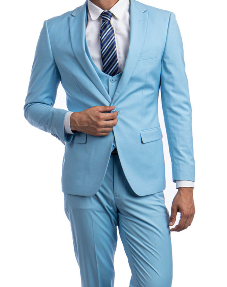 Sky Blue Solid Color 3 Piece Slim Fit Suit 1 Button Peak Lapel | Men's