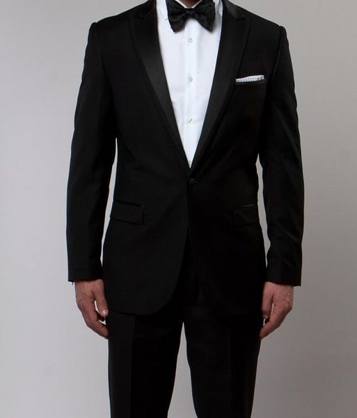 Black Slim Fit 2 Piece Tuxedo With Satin Peak Lapel | Men's Fashion