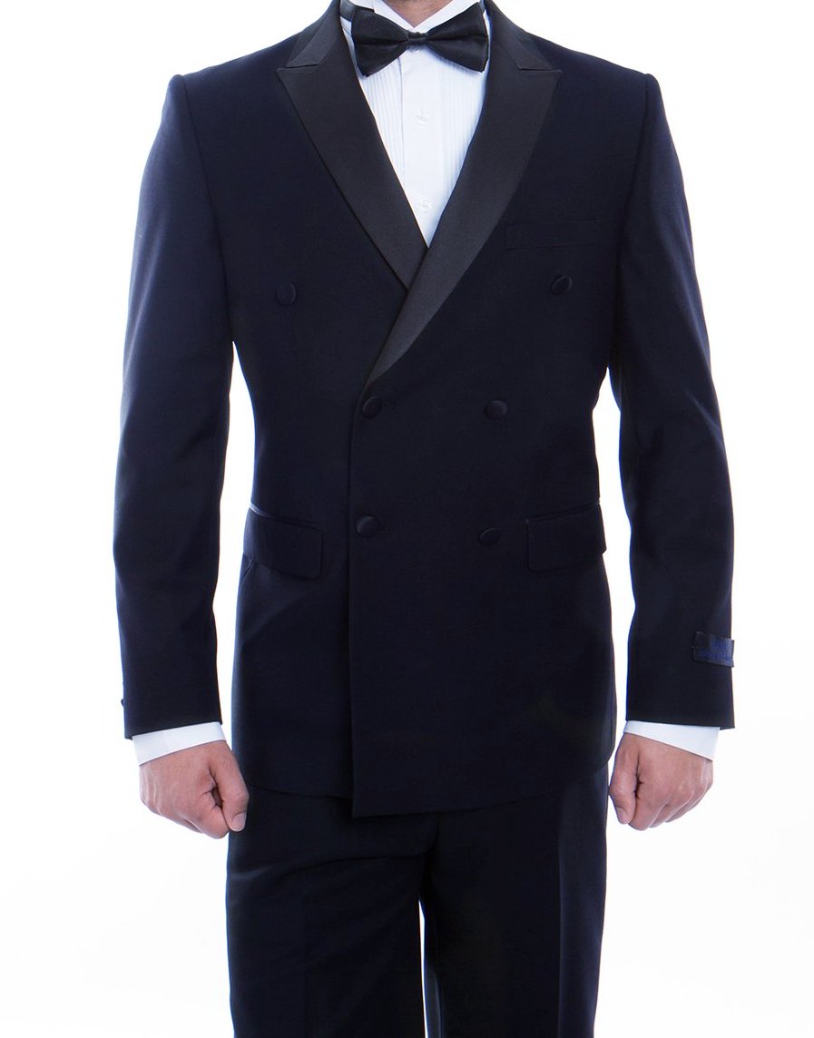 Double Breasted Slim Fit Tuxedo Navy with Black Satin Peak Lapel | Men ...