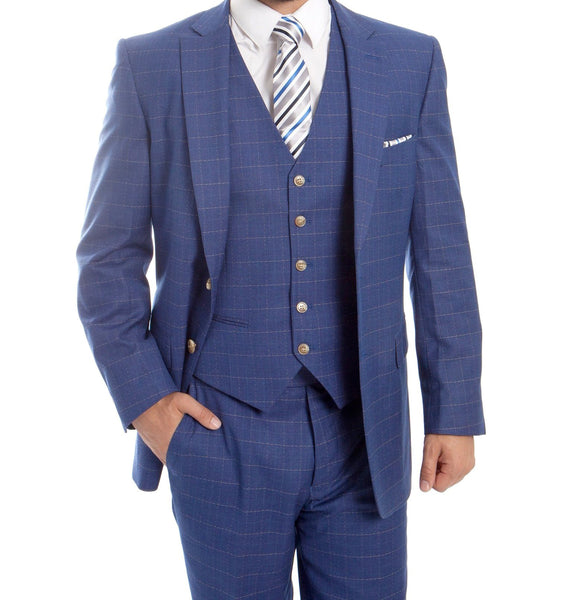 Modern Fit 3 Piece Fine Wool Suit Windowpane Blue | Men's Fashion