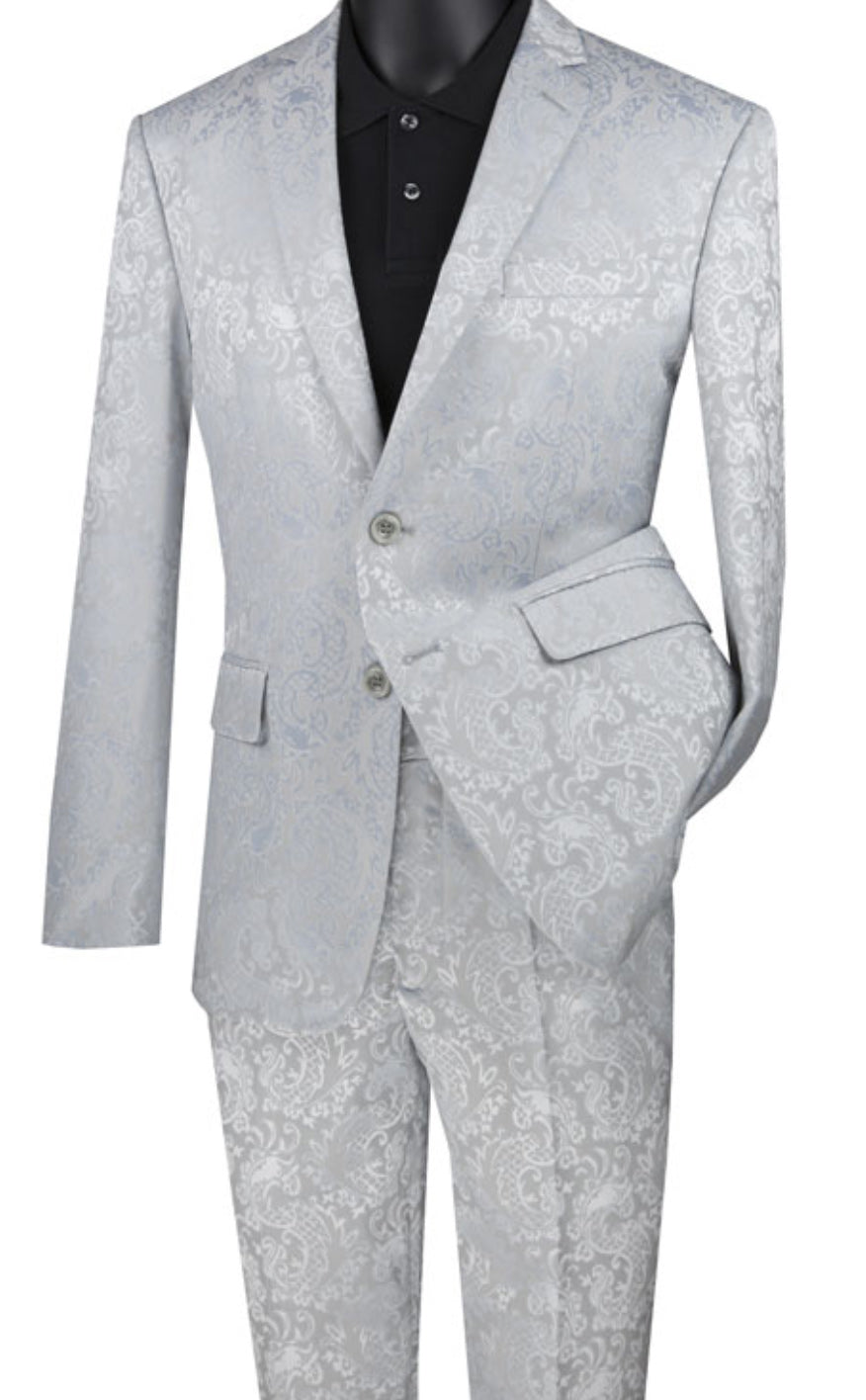 Silver Tone on Tone Paisley Pattern Slim Fit Men's 2 Piece Suit 2 ...
