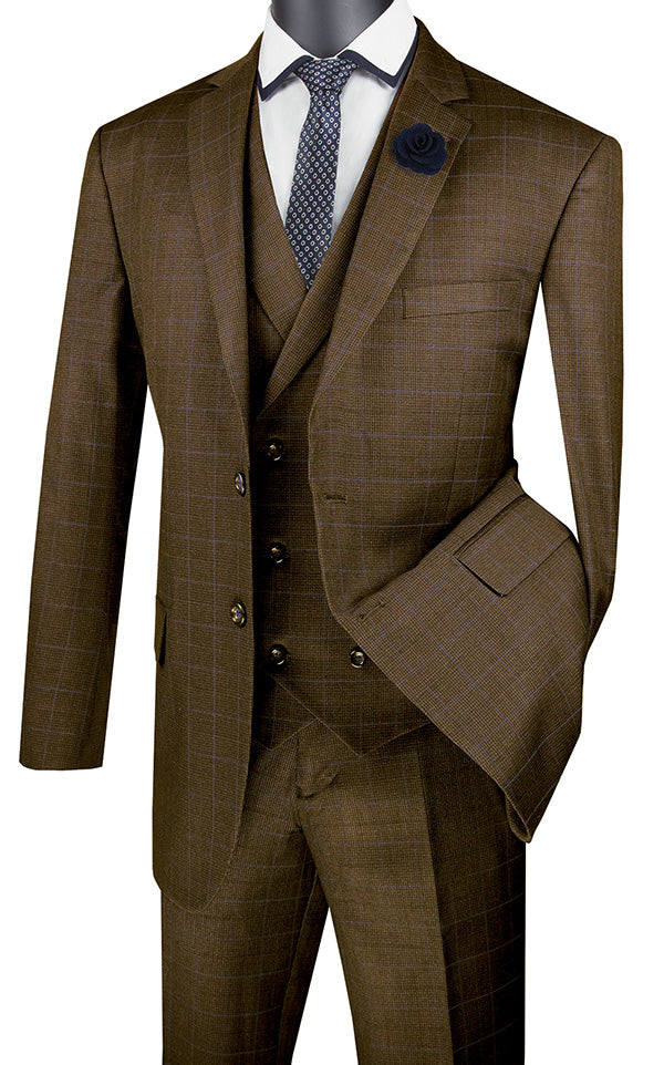 Taupe Regular Fit Glen Plaid 2 Button 3 Piece Suit