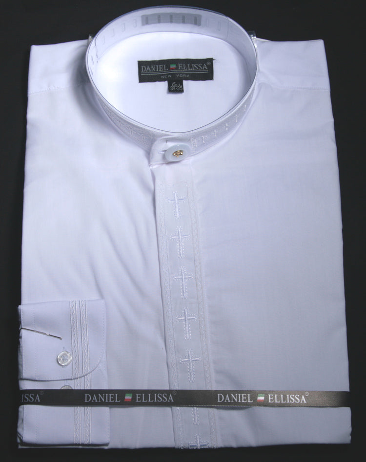 Men's Banded Collar Embroidered Shirt in White/White | Men's Fashion