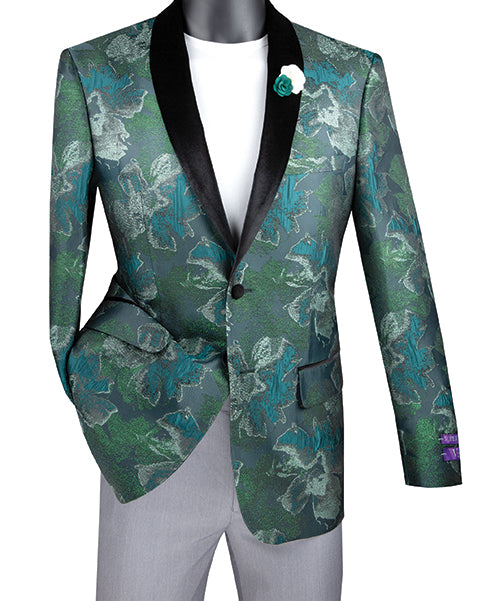 Slim Fit Floral Pattern Jacket Shawl Lapel in Emerald