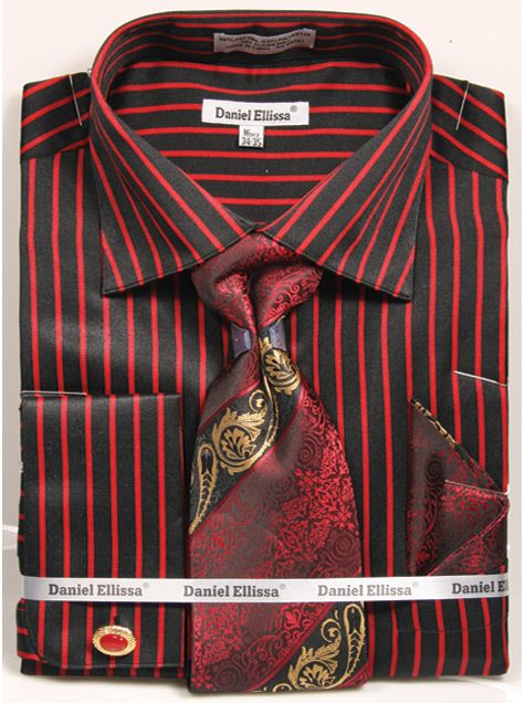 French Cuff Regular Fit Shirt Set Bold Stripe Black/Red with Tie, Cuff ...