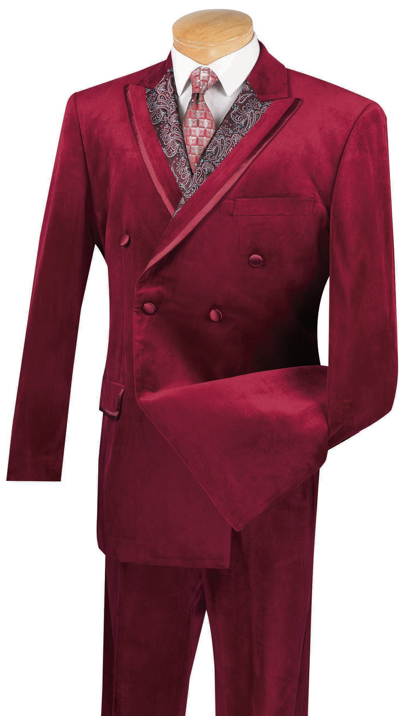 Caesar Collection Velvet Burgundy Double Breasted Suit Regular Fit 2 Piece Mens Fashion 2473