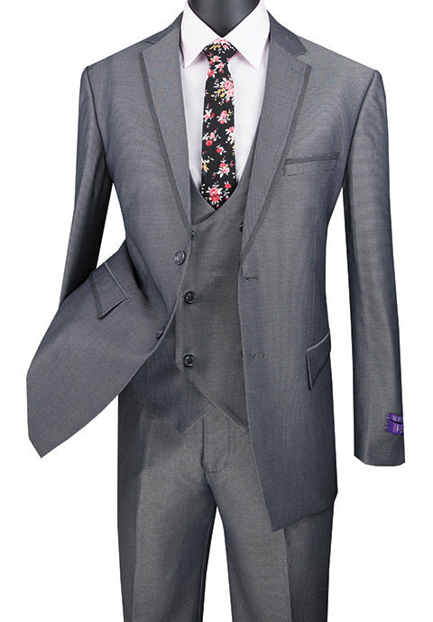 Charcoal Modern Fit 3 Piece Suit Birdseye Pattern with Contrast Trim