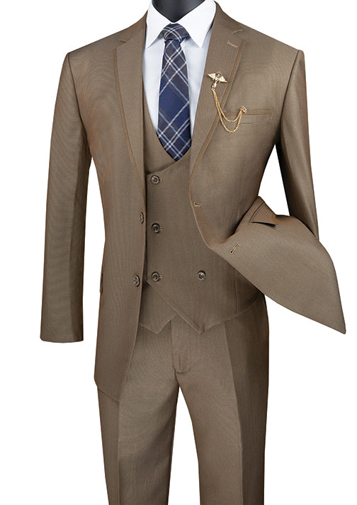 Khaki Modern Fit 3 Piece Suit Birdseye Pattern with Contrast Trim