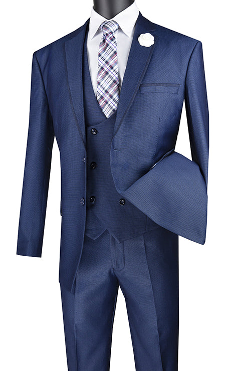 Navy Modern Fit 3 Piece Suit Birdseye Pattern with Contrast Trim