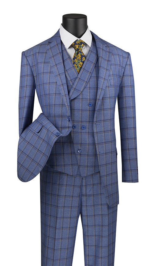 Atrani Collection - Regular Fit Windowpane Suit 3 Piece in Blue | Men's ...