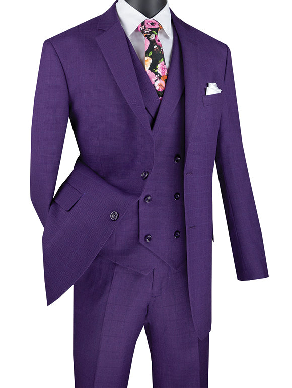 Purple Regular Fit Glen Plaid 2 Button 3 Piece Suit