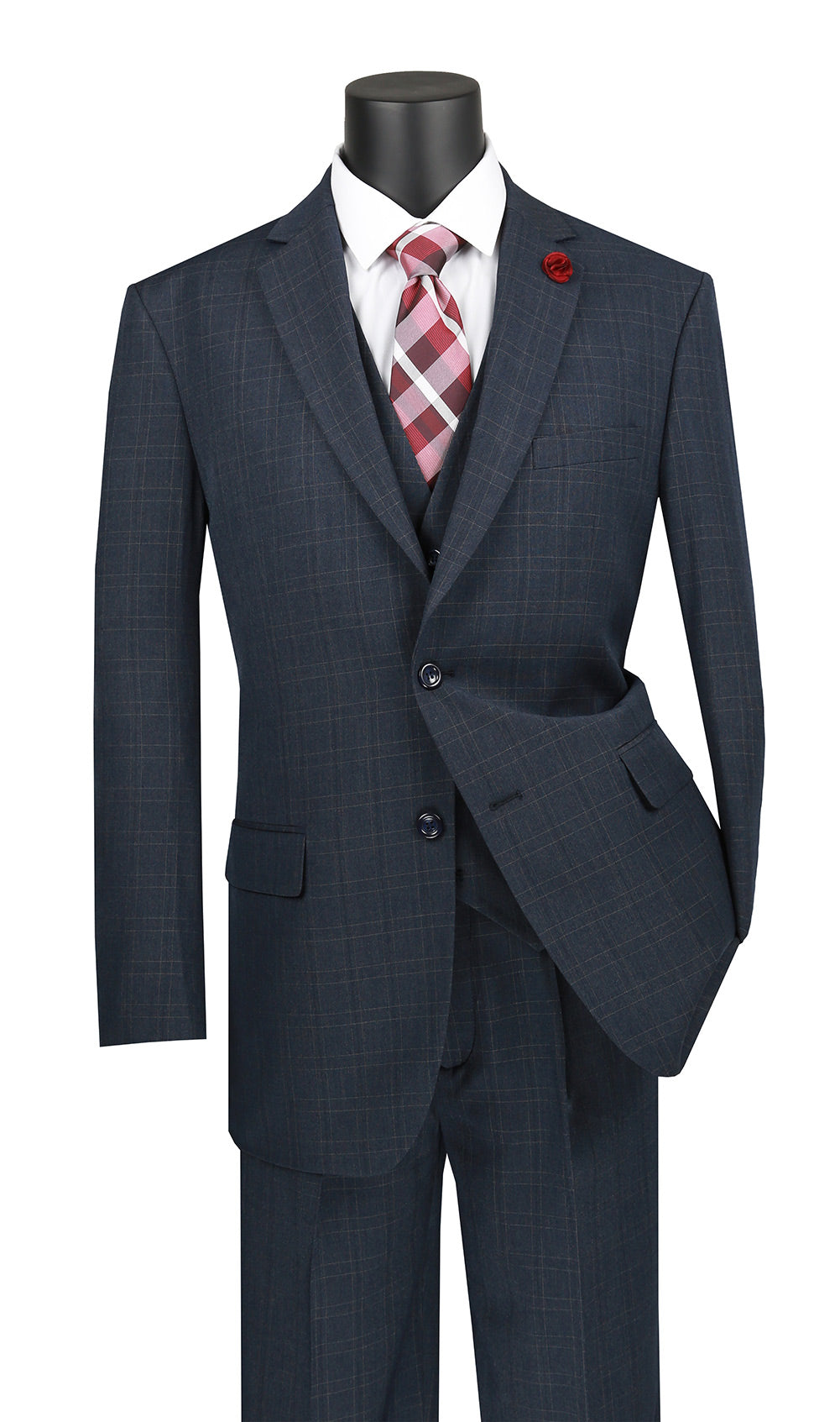 Olympia Collection - Glen Plaid Regular Fit Suit 3 Piece Navy Blue