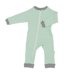 long sleeve fleece play and sleep romper in mint green with grey and natural striped trim at neckline, wrist and ankle cuffs