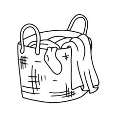 Black line drawing of laundry basket with clothes hanging out of it. 