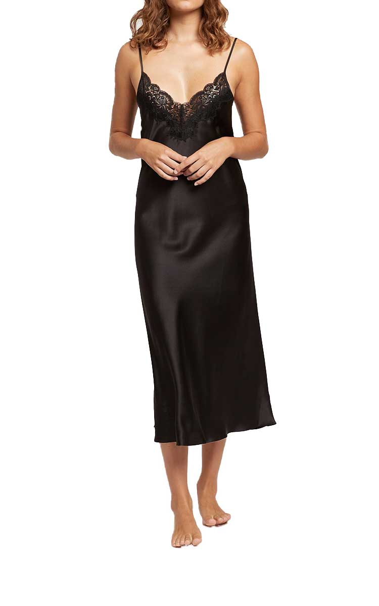 Ginia Black Silk And Lace Long Nightgown