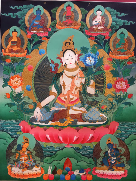 Mystical White Tara Thangka Painting with Panch Buddha – thangkashop