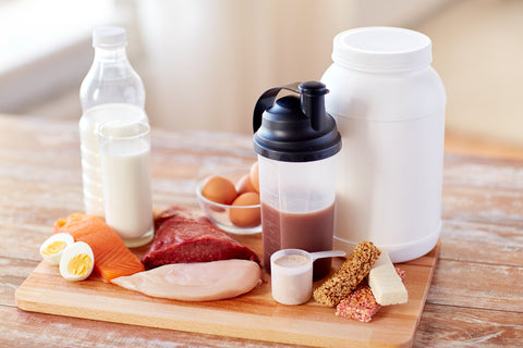  close up of natural protein food and additive on wooden table