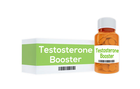 3D illustration of "Testosterone Booster" title on pill bottle