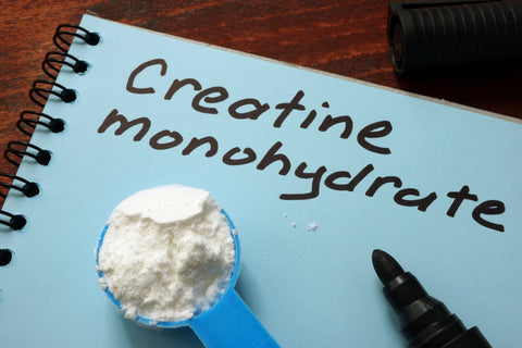 Notebook with sign Creatine monohydrate and scoop with white powder.