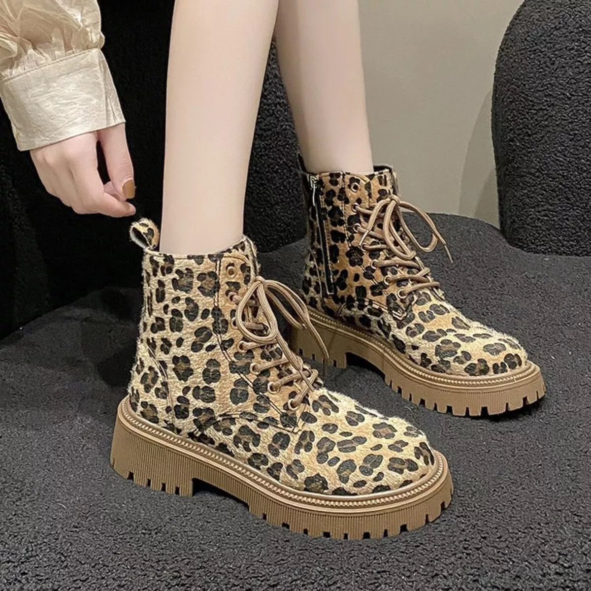 Animal Print Lace-Up Ankle Boots